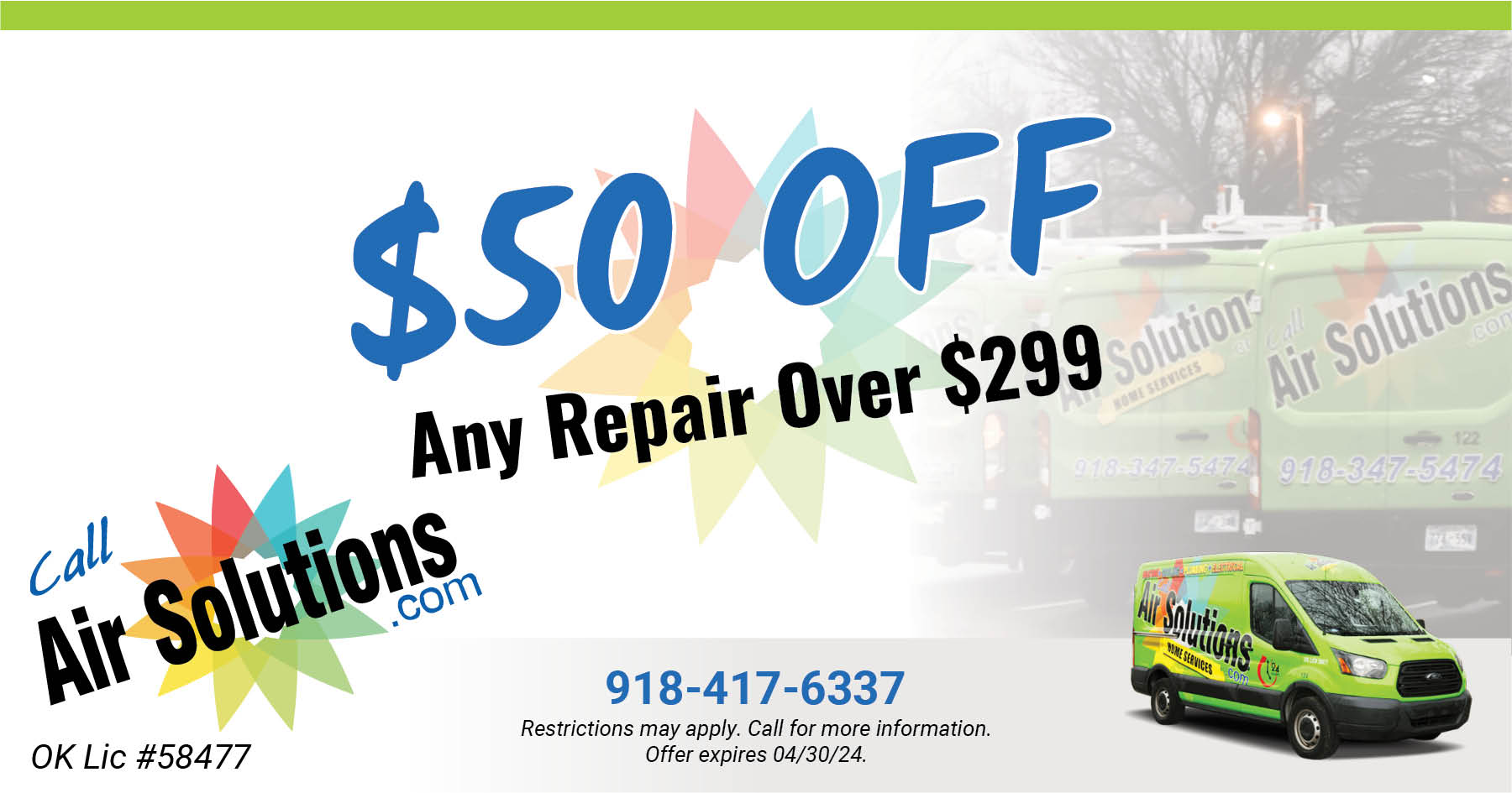 Air Solutions coupon.  off of any repair over 9. Restriction may apply. Call for more information.