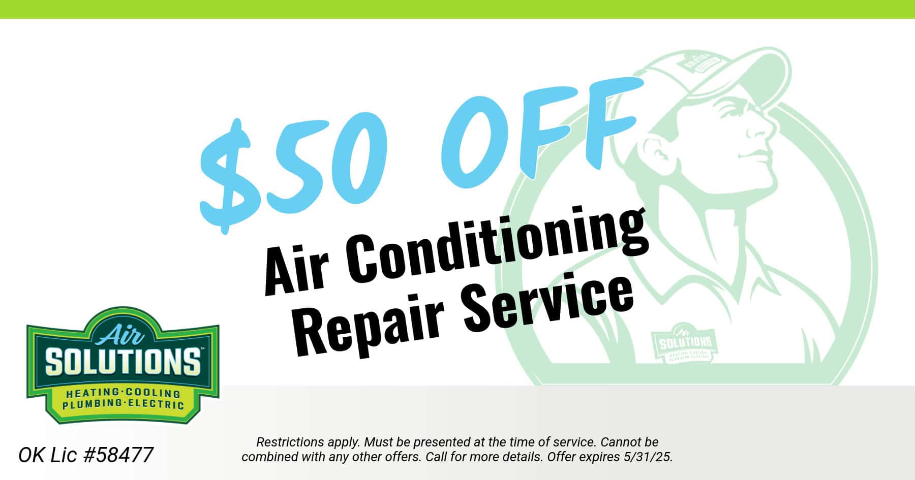fAir Solutions HVAC discount for  off any repair over 9. Call 918-417-6337 for details.